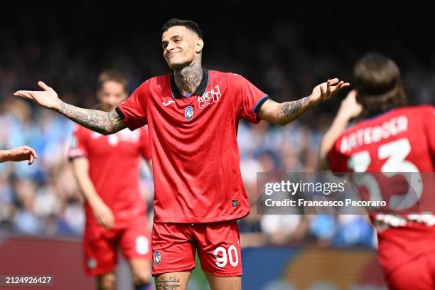 Gianluca Scamacca of Atalanta BC celebrates after scoring his side second goal during the Serie A TIM match between SSC Napoli and Atalanta BC at...