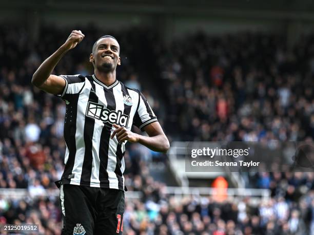 Alexander Isak of Newcastle United celebrates after scoring opening goal during the Premier League match between Newcastle United and West Ham United...