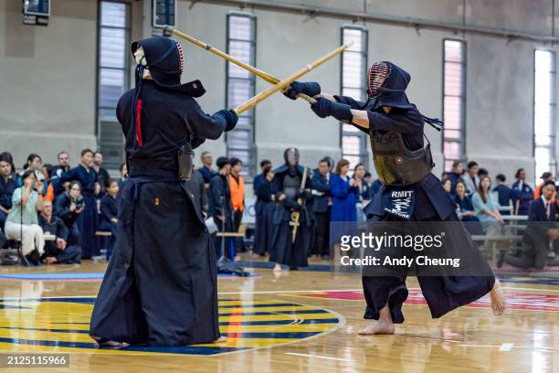 Alejandro Pastore-Rodriguez of VIC and Keisuke Sugihara of NSW compete in the 2024 Australian Kendo Men's Dan Individual Championships at Sydney Uni...