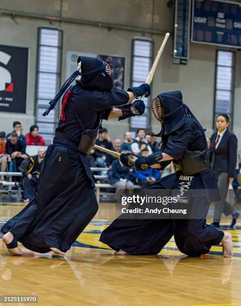 Alejandro Pastore-Rodriguez of VIC and Keisuke Sugihara of NSW compete in the 2024 Australian Kendo Men's Dan Individual Championships at Sydney Uni...