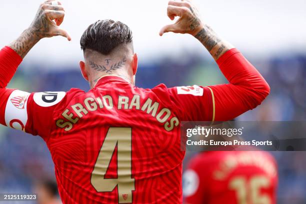 Sergio Ramos of Sevilla FC celebrates a goal ahead of the Spanish League, LaLiga EA Sports, football match played between Getafe CF and Sevilla FC at...