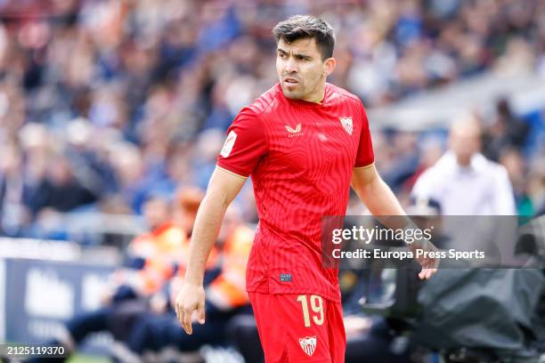 Marcos Acuna of Sevilla FC looks on ahead of the Spanish League, LaLiga EA Sports, football match played between Getafe CF and Sevilla FC at Coliseum...