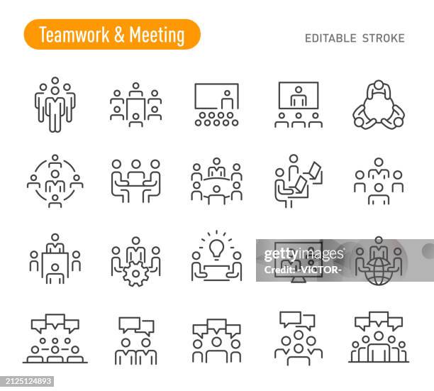 ilustraciones, imágenes clip art, dibujos animados e iconos de stock de íconos de trabajo en equipo y reuniones - serie de líneas - asamblea