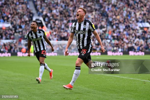 Harvey Barnes of Newcastle United celebrates scoring his team's fourth goal during the Premier League match between Newcastle United and West Ham...