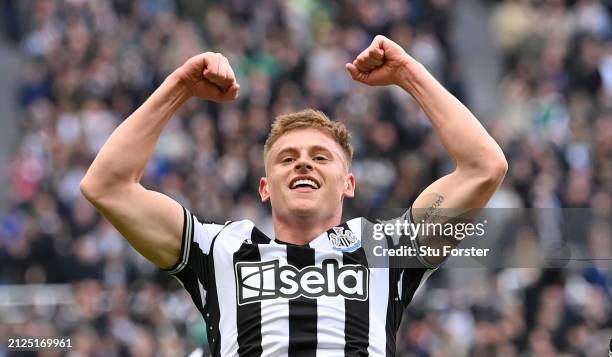 Harvey Barnes of Newcastle celebrates after scoring the 4th Newcastle goal during the Premier League match between Newcastle United and West Ham...