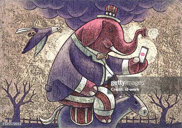 elephant in uncle sam costume looking at smartphone and riding on donkey - lazy donkey stock-grafiken, -clipart, -cartoons und -symbole