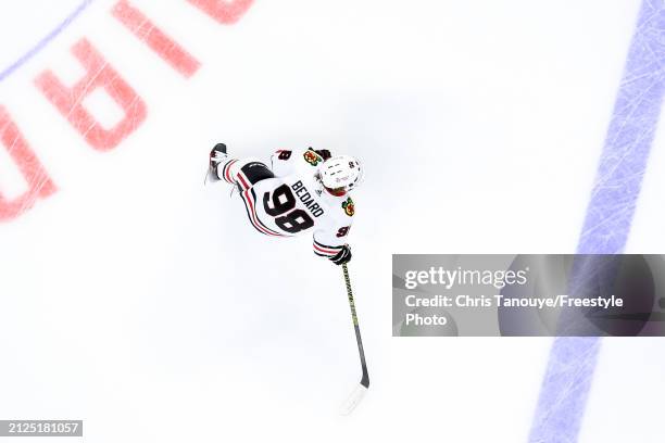 Connor Bedard of the Chicago Blackhawks skates against the Ottawa Senators at Canadian Tire Centre on March 28, 2024 in Ottawa, Ontario.
