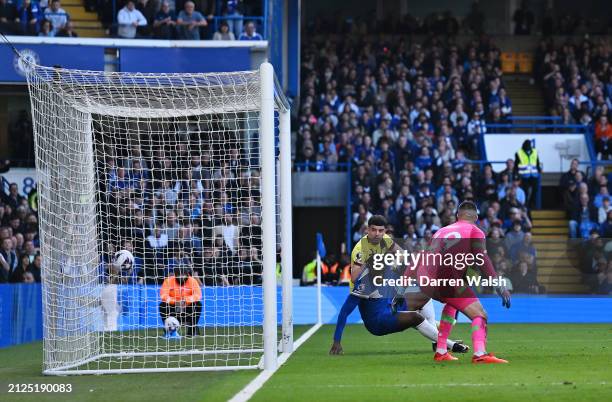 Axel Disasi of Chelsea scores a goal which was later ruled out for offside during the Premier League match between Chelsea FC and Burnley FC at...