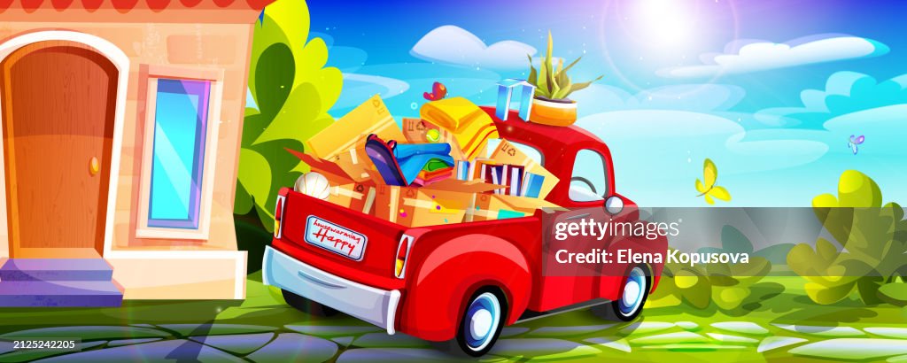 Move In Cartoon The Best Moving In Cartoon Style A Truck With Cardboard Boxes ...