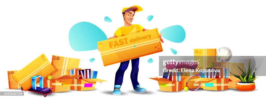 Concepto de entrega rápida en estilo de dibujos animados. Joven repartidor con una caja de cartón y cajas de cartón con objetos personales, listo para moverse, aislado sobre fondo abstracto blanco. Elegante conjunto creativo de artículos.