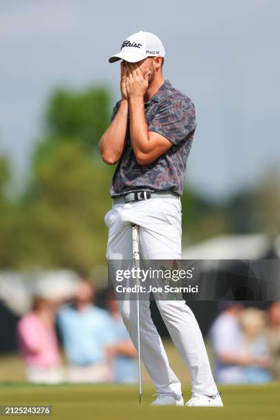 Wyndham Clark of the United States reacts to a putt on the first green during the third round of the Texas Children's Houston Open at Memorial Park...