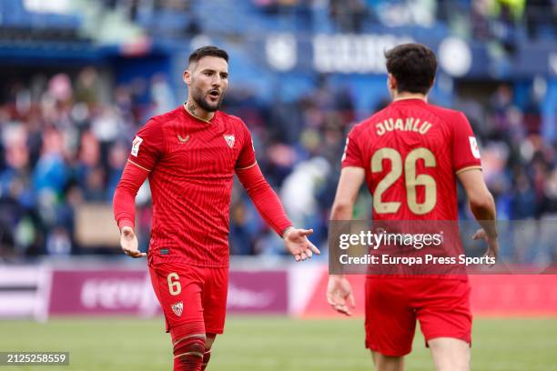 Nemanja Gudelj of Sevilla FC celebrates the victory during the LaLiga EA Sports match between Getafe CF and Sevilla FC at Coliseum de Getafe stadium...