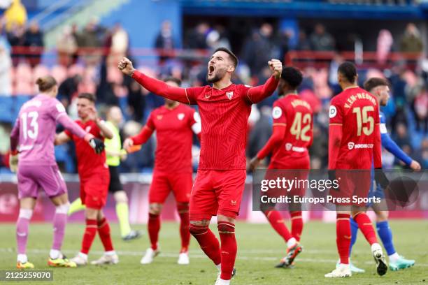 Nemanja Gudelj of Sevilla FC celebrates the victory during the LaLiga EA Sports match between Getafe CF and Sevilla FC at Coliseum de Getafe stadium...