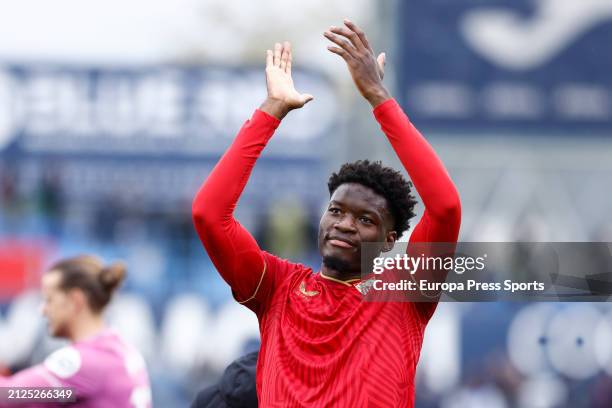 Lucien Agoume of Sevilla FC celebrates the victory during the LaLiga EA Sports match between Getafe CF and Sevilla FC at Coliseum de Getafe stadium...