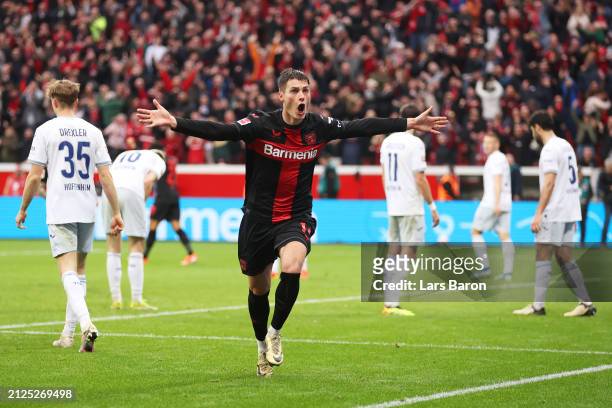Patrik Schick of Bayer Leverkusen celebrates scoring his team's second goal during the Bundesliga match between Bayer 04 Leverkusen and TSG...