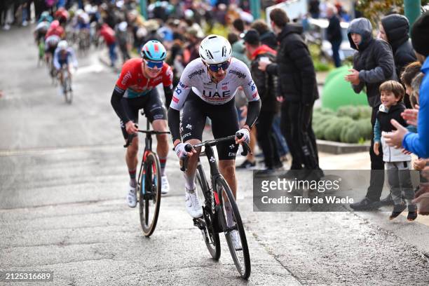 Maxim Van Gils of Belgium and Team Lotto Dstny and race winner Brandon Mcnulty of The United States and UAE Team Emirates compete in the breakaway...