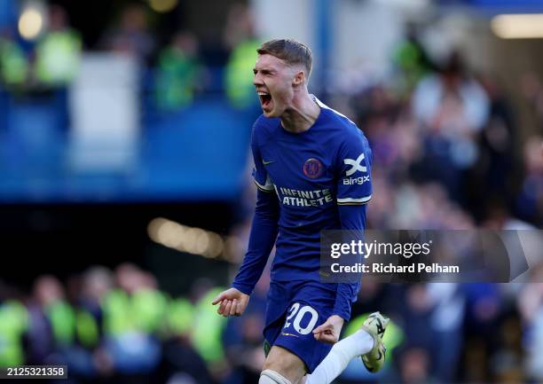 Cole Palmer of Chelsea celebrates scoring his team's second goal during the Premier League match between Chelsea FC and Burnley FC at Stamford Bridge...