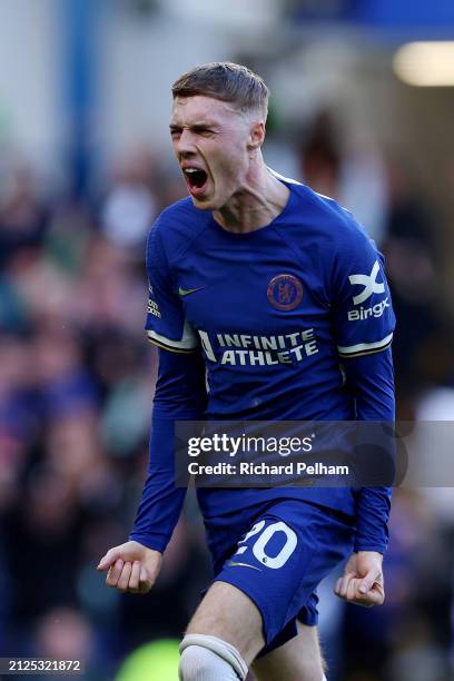 Cole Palmer of Chelsea celebrates scoring his team's second goal during the Premier League match between Chelsea FC and Burnley FC at Stamford Bridge...