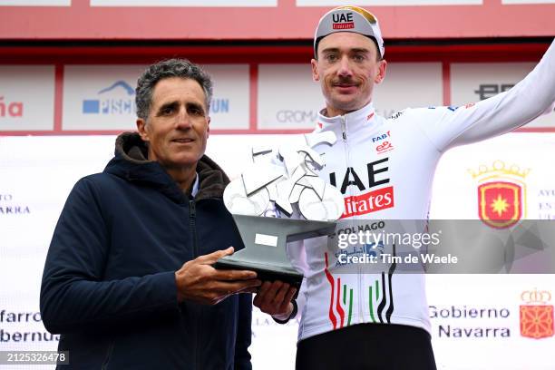 Miguel Indurain of Spain ex pro rider and five times Tour de France winner and race winner Brandon Mcnulty of The United States and UAE Team Emirates...