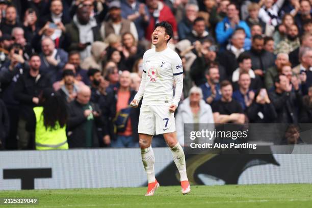 Son Heung-Min of Tottenham Hotspur celebrates scoring his team's second goal during the Premier League match between Tottenham Hotspur and Luton Town...