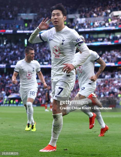 Heung-Min Son of Tottenham Hotspur celebrates scoring their teams second goal during the Premier League match between Tottenham Hotspur and Luton...