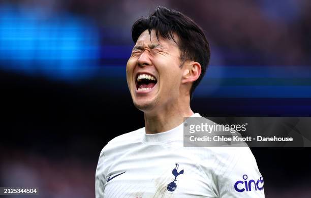 Heung-Min Son of Tottenham Hotspur celebrates scoring their teams second goal during the Premier League match between Tottenham Hotspur and Luton...