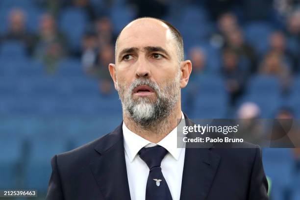 Igor Tudor, Head Coach of SS Lazio, looks on prior to the Serie A TIM match between SS Lazio and Juventus at Stadio Olimpico on March 30, 2024 in...