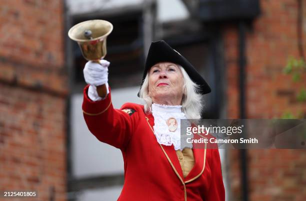 Sonya Hauxwell of Henley in Arden competes in the Heart of England Town Criers Championship on March 30, 2024 in Alcester, England. From Medieval...