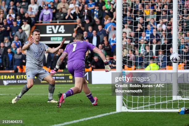 Seamus Coleman of Everton puts the ball past his own keeper Jordan Pickford, scoring an own goal to make it 2-1, during the Premier League match...