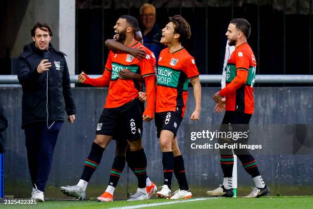 Sylla Sow of NEC Nijmegen scores the 3-1 and celebrating his goal with teammates during the Dutch Eredivisie match between NEC Nijmegen and PSV...