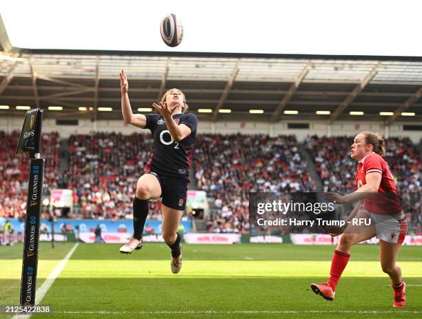 Abigail Dow of England gathers the high ball during the Guinness Women's Six Nations 2024 match between England and Wales at Ashton Gate on March 30,...