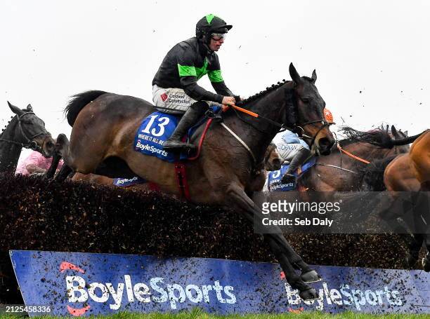 Meath , Ireland - 1 April 2024; Where It All Began, with Jack Kennedy up, during the BoyleSports Irish Grand National Steeplechase on day three of...