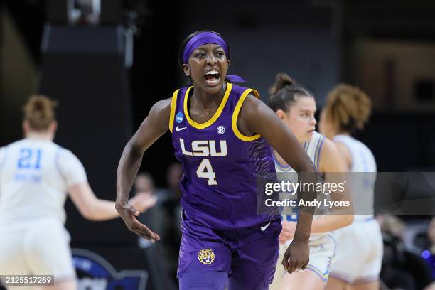 Flau'jae Johnson of the LSU Tigers reacts in a game against the UCLA Bruins during the first half in the Sweet 16 round of the NCAA Women's...