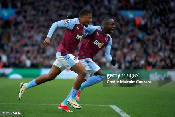 Moussa Diaby of Aston Villa celebrates scoring a goal during the Premier League match between Aston Villa and Wolverhampton Wanderers at Villa Park...