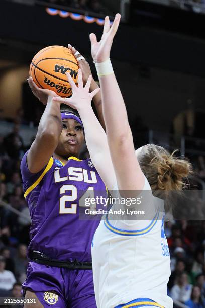 Aneesah Morrow of the LSU Tigers shoots against Lina Sontag of the UCLA Bruins during the second half in the Sweet 16 round of the NCAA Women's...