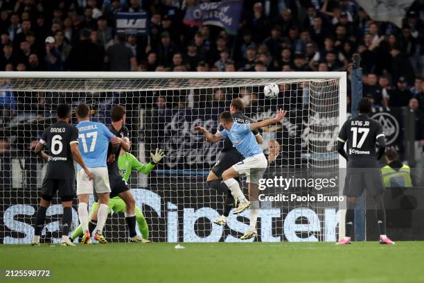 Adam Marusic of SS Lazio scores his team's first goal during the Serie A TIM match between SS Lazio and Juventus at Stadio Olimpico on March 30, 2024...