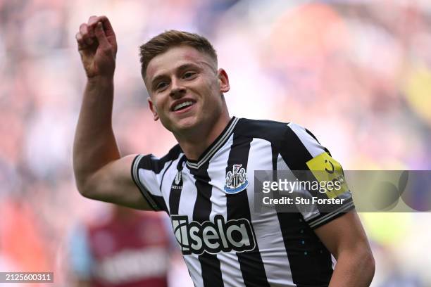 Harvey Barnes of Newcastle celebrates after scoring the 3rd Newcastle goal during the Premier League match between Newcastle United and West Ham...