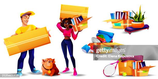 fast moving concept in cartoon style. young man with african american girl holding cardboard boxes and personal items with guard bulldog on white background. stylish cartoon set of vector characters and objects. - american bulldog on white stock illustrations