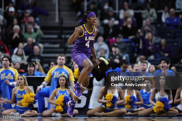 Flau'jae Johnson of the LSU Tigers reacts in a game against the UCLA Bruins during the second half in the Sweet 16 round of the NCAA Women's...