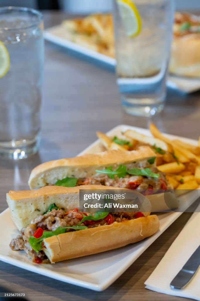 Chicken Cheese Steak and Fries (close up vertical)