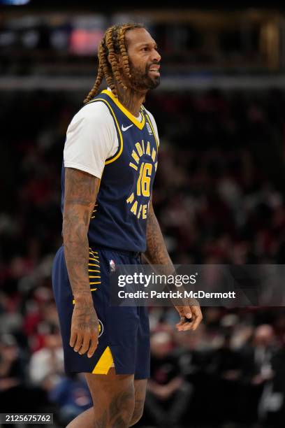 James Johnson of the Indiana Pacers in action during the second half against the Chicago Bulls at the United Center on March 27, 2024 in Chicago,...