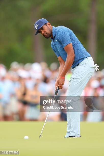 Tony Finau of the United States putts on the ninth green during the third round of the Texas Children's Houston Open at Memorial Park Golf Course on...