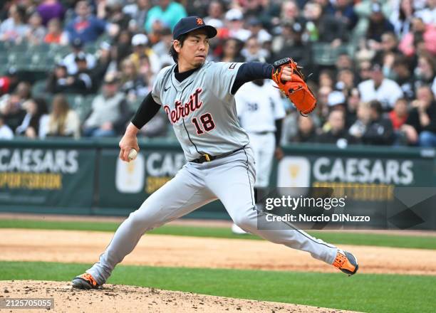 Kenta Maeda of the Detroit Tigers throws a pitch during the second inning of a game against the Chicago White Sox at Guaranteed Rate Field on March...