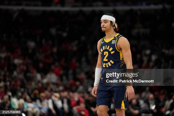 Andrew Nembhard of the Indiana Pacers in action during the second half against the Chicago Bulls at the United Center on March 27, 2024 in Chicago,...