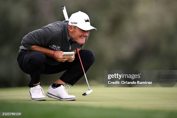 Alex Cejka of Germany lines up a putt on the fourth green during the second round of The Galleri Classic at Mission Hills Country Club on March 30,...