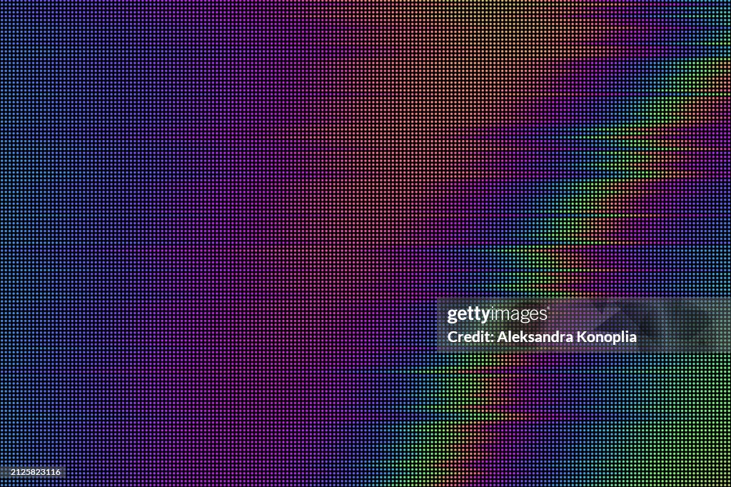 Abstract led screen texture, Dot tv background, Half tone dots, Motion Glitch interlaced multicolored Distorted textured futuristic design with Circle rainbow color Variation Horizontal striped Pattern. Digital signal, Broadcasting error pattern.