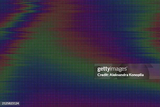 abstract led screen texture, dot tv background, half tone dots, motion glitch interlaced multicolored distorted textured futuristic design with circle rainbow color variation horizontal striped pattern. digital signal, broadcasting error pattern. - dotted line stock pictures, royalty-free photos & images