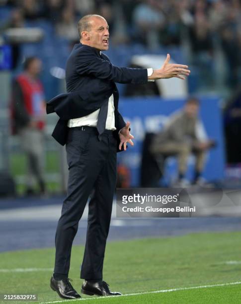 Massimiliano Allegri head coach of Juventus reacts during the Serie A TIM match between SS Lazio and Juventus at Stadio Olimpico on March 30, 2024 in...
