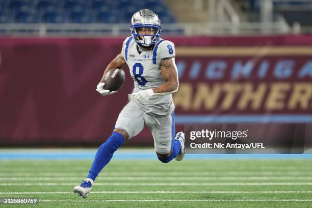 Blake Jackson of the St. Louis Battlehawks runs the ball during the first quarter against the Michigan Panthers at Ford Field on March 30, 2024 in...