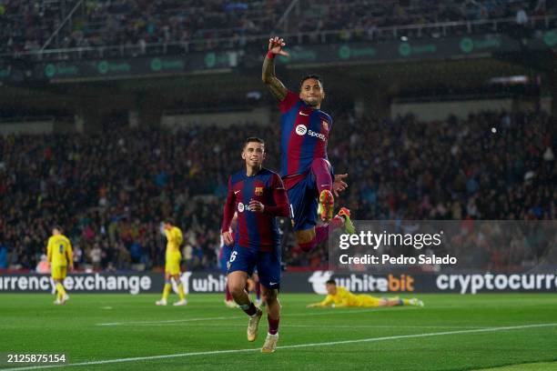 Players of FC Barcelona celebrating a goal scored by Raphinha and disallowed by VAR during the LaLiga EA Sports match between FC Barcelona and UD Las...